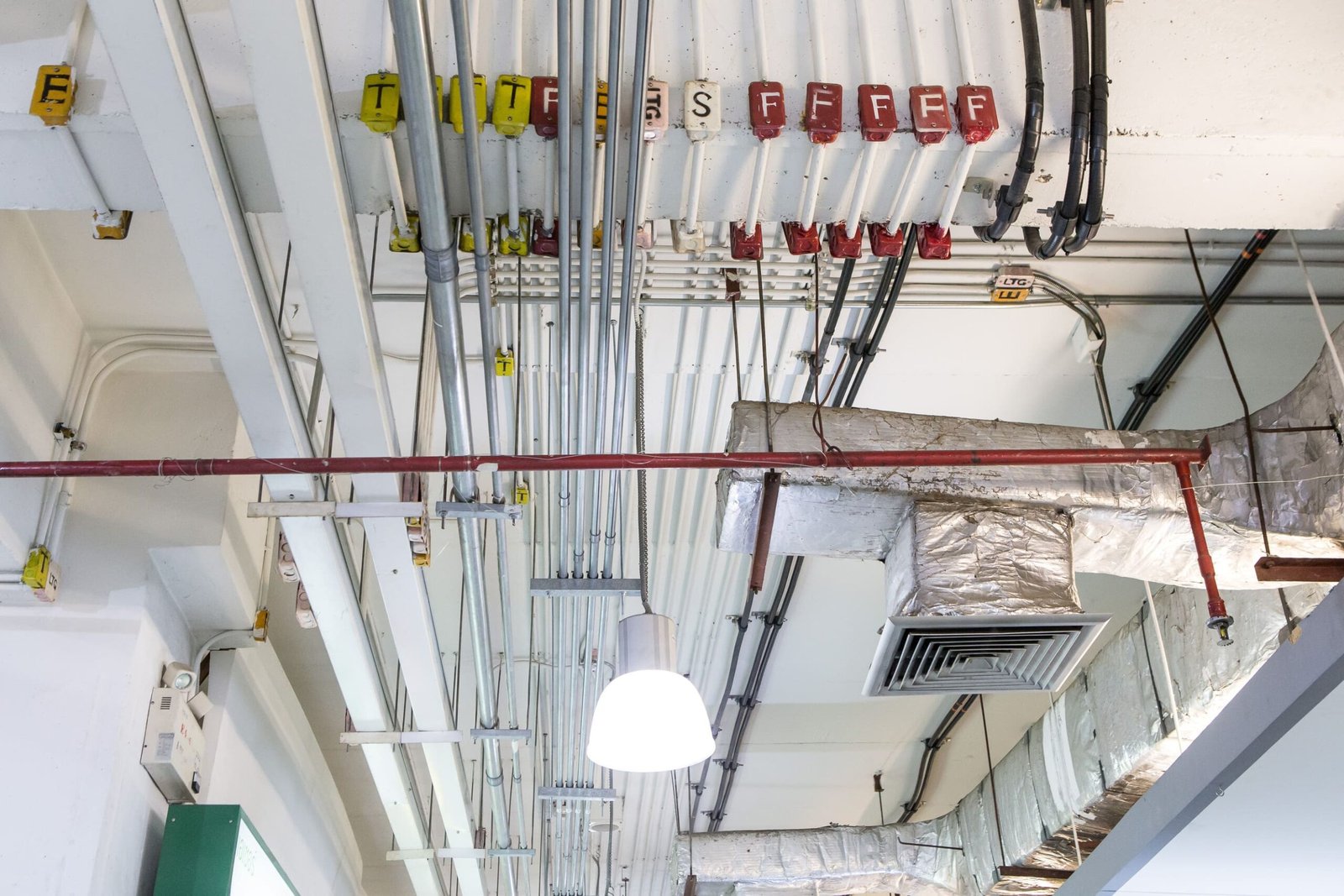 Instalación de conductos de ventilación y tuberías en techo de edificio industrial